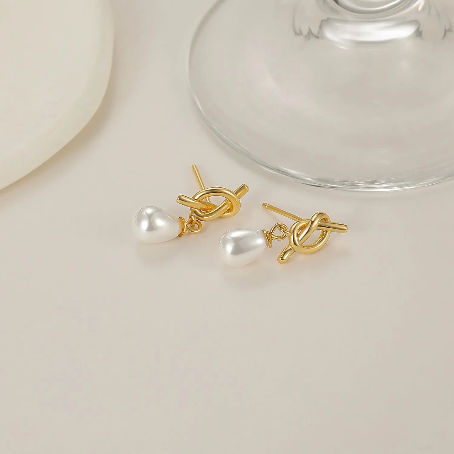 14K Gold Plated Knotted Pearl Earrings