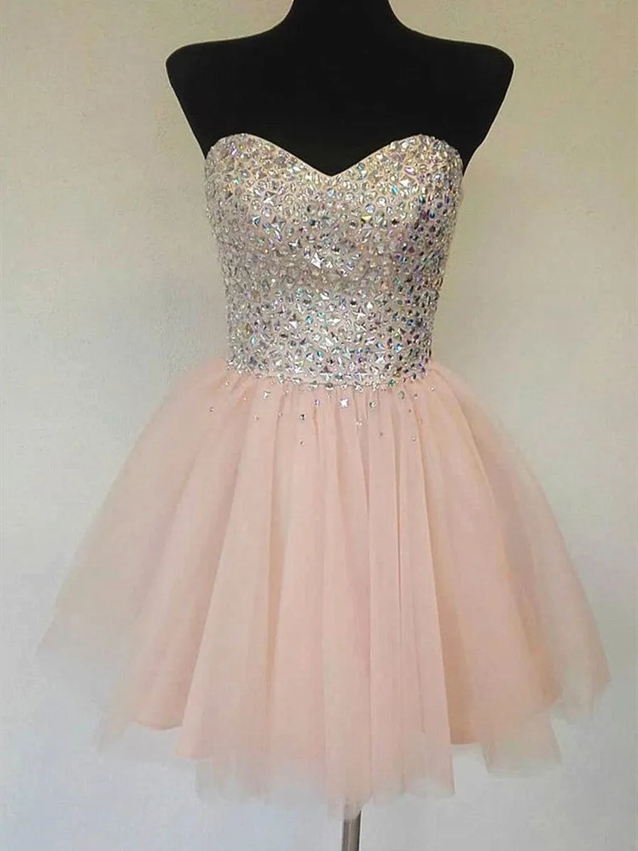 A Line Sweetheart Neck Short Prom Dresses, Sequins Pink Homecoming Dresses