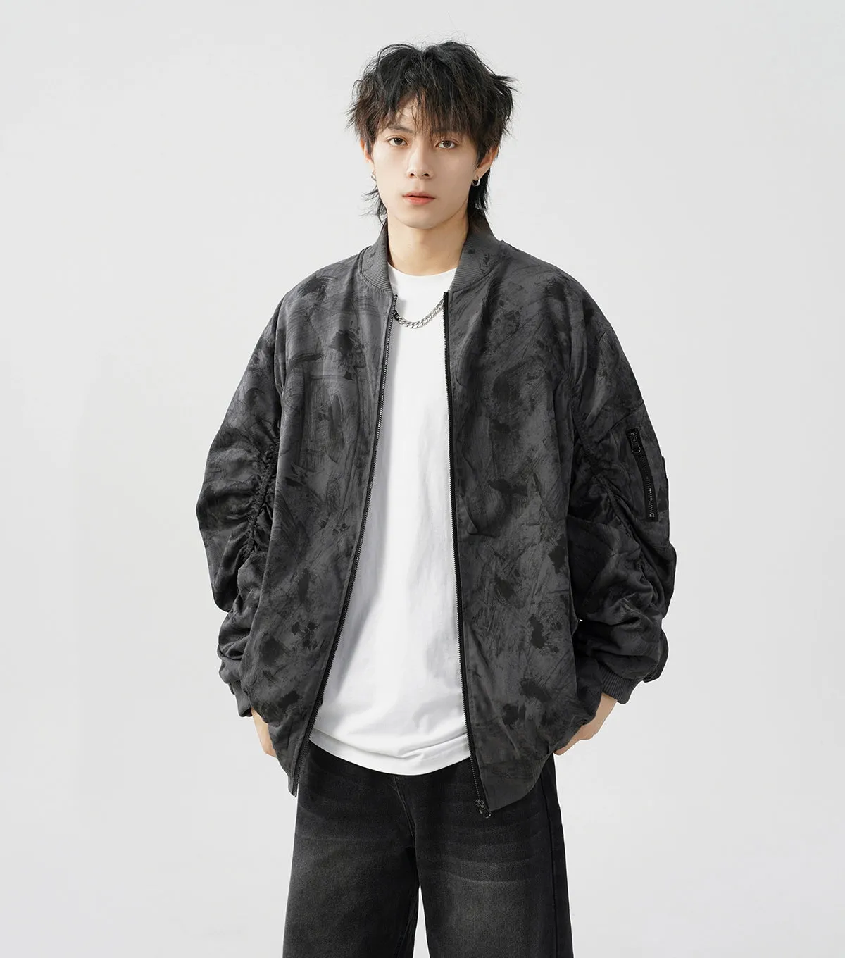 Abstract Print Bomber Jacket with Ruched Sleeve