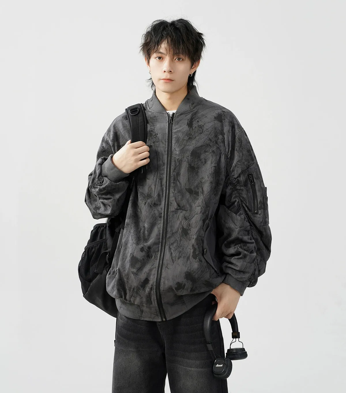 Abstract Print Bomber Jacket with Ruched Sleeve