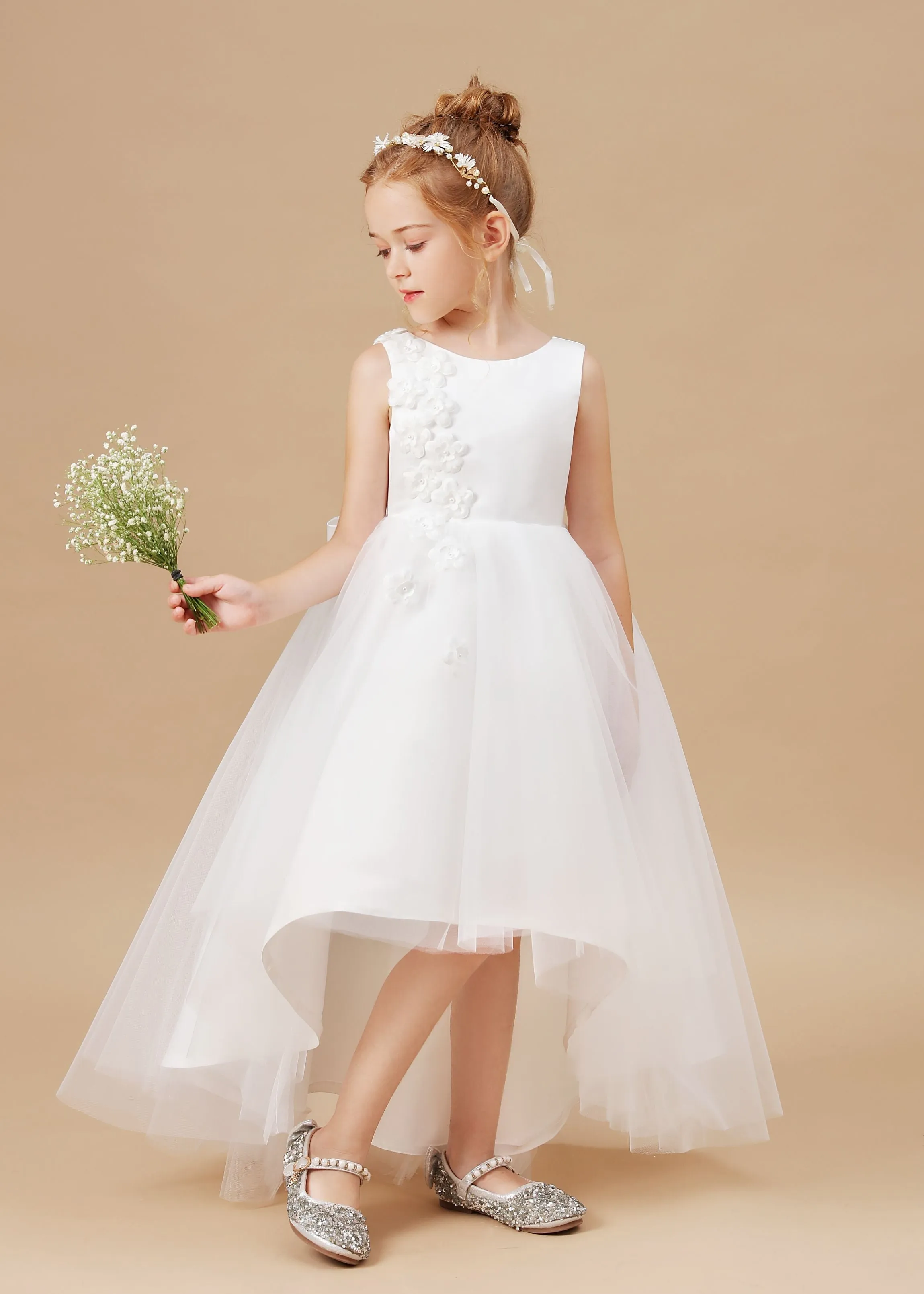 Applique Chic High Low Sleeveless Tulle Stain Flower Girl Dress With Bownet