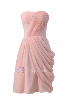 Asymmetric Pastel Pink Chiffon Party Dress Sweetheart Knee Length Pink Bridesmaid Dress(BM810)