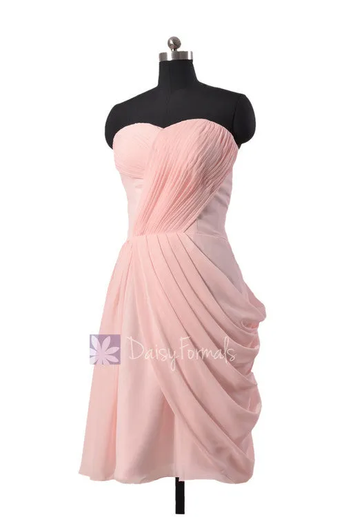 Asymmetric Pastel Pink Chiffon Party Dress Sweetheart Knee Length Pink Bridesmaid Dress(BM810)