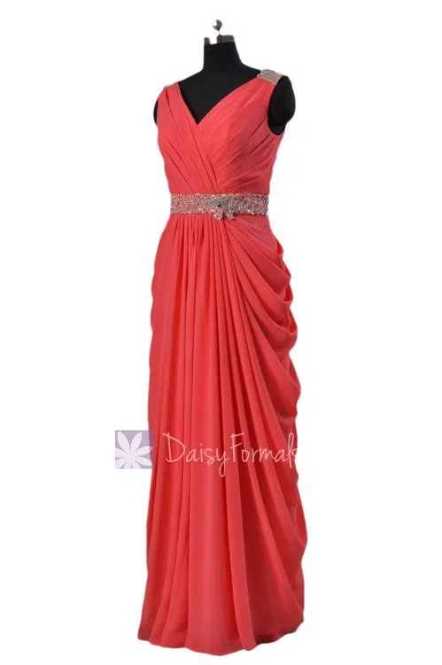 Beaded Cherry Chiffon Dress Beach Wedding Dress Long V-Neck Bridesmaid Dress(BM876L)