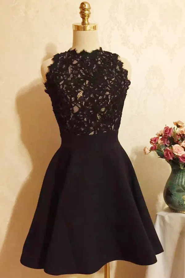 Black Halter Strapless Homecoming Dress,Appliques Short Prom Dress, SH251