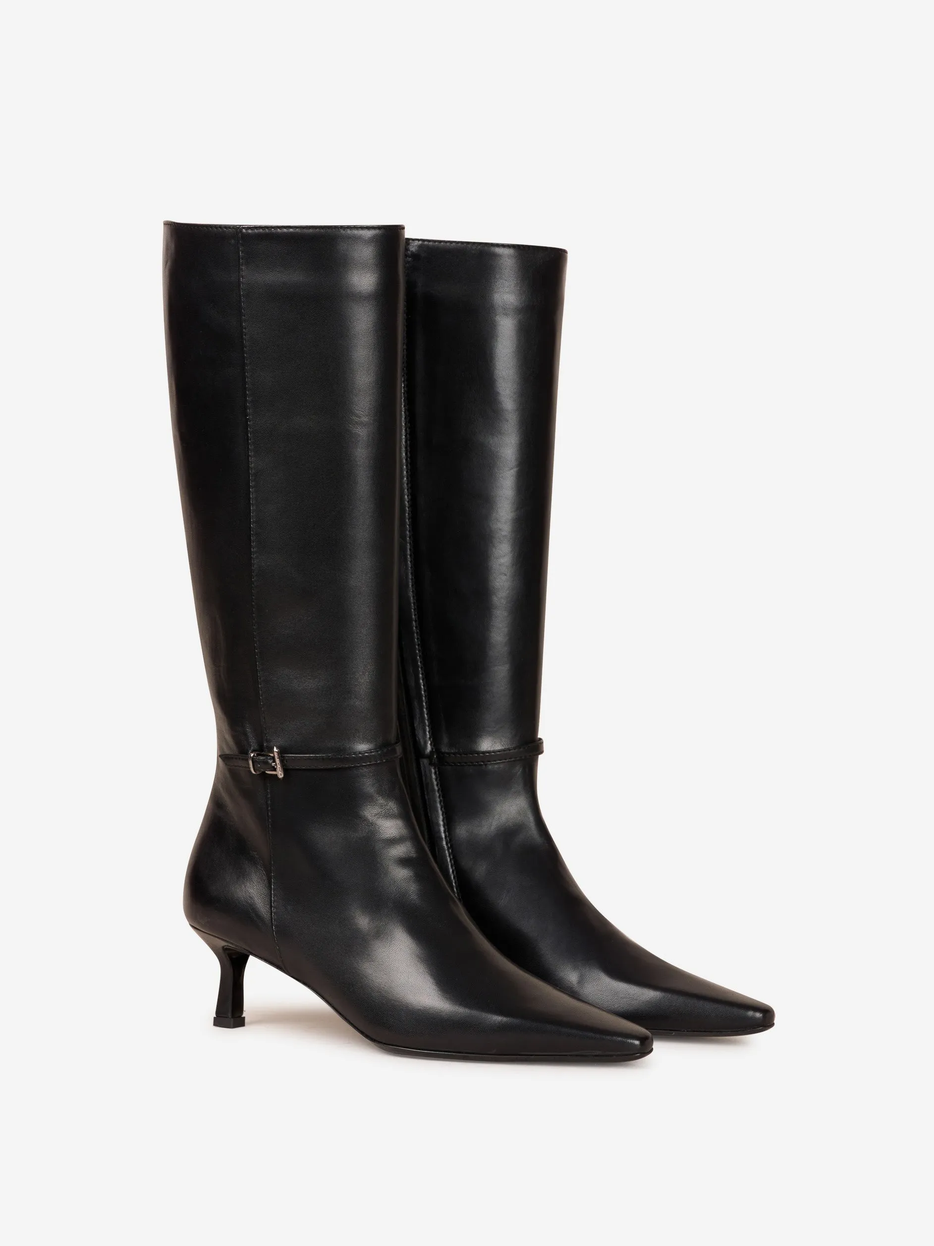 Black leather ankle strap boots