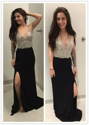 black long prom dress, side slit prom dress, v-neck prom dress, beaded prom dress, charming evening dress, BD136