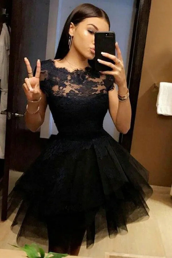 Black Short Sleeve Homecoming Dress,Lace Appliques Short Prom Dress, SH225