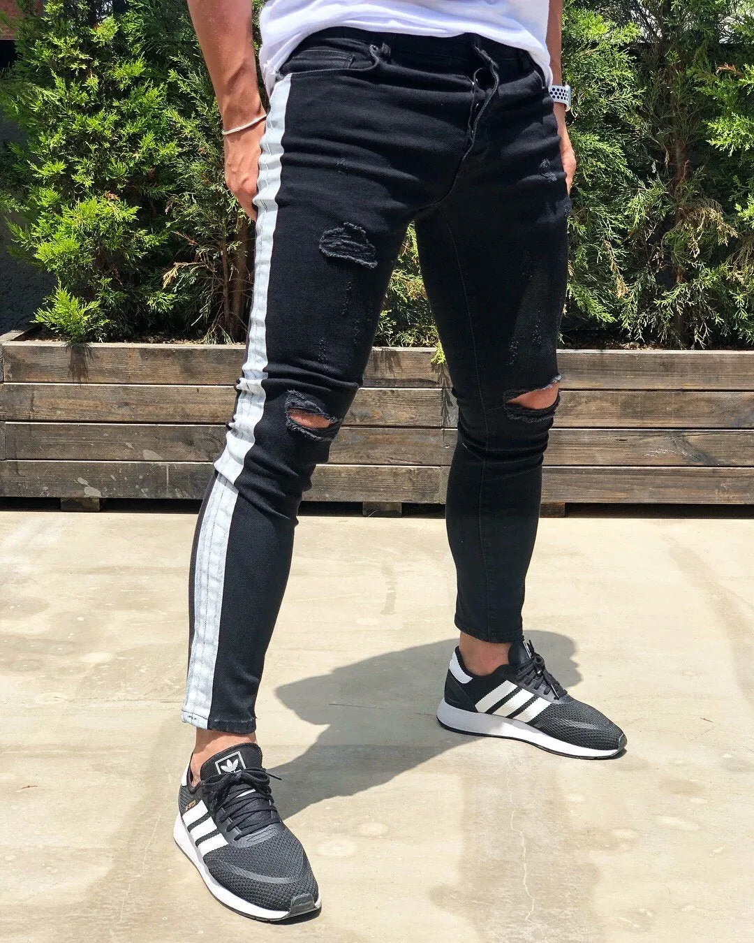 Black Side Striped Skinny Fit Denim B190 Streetwear Baggy Jeans