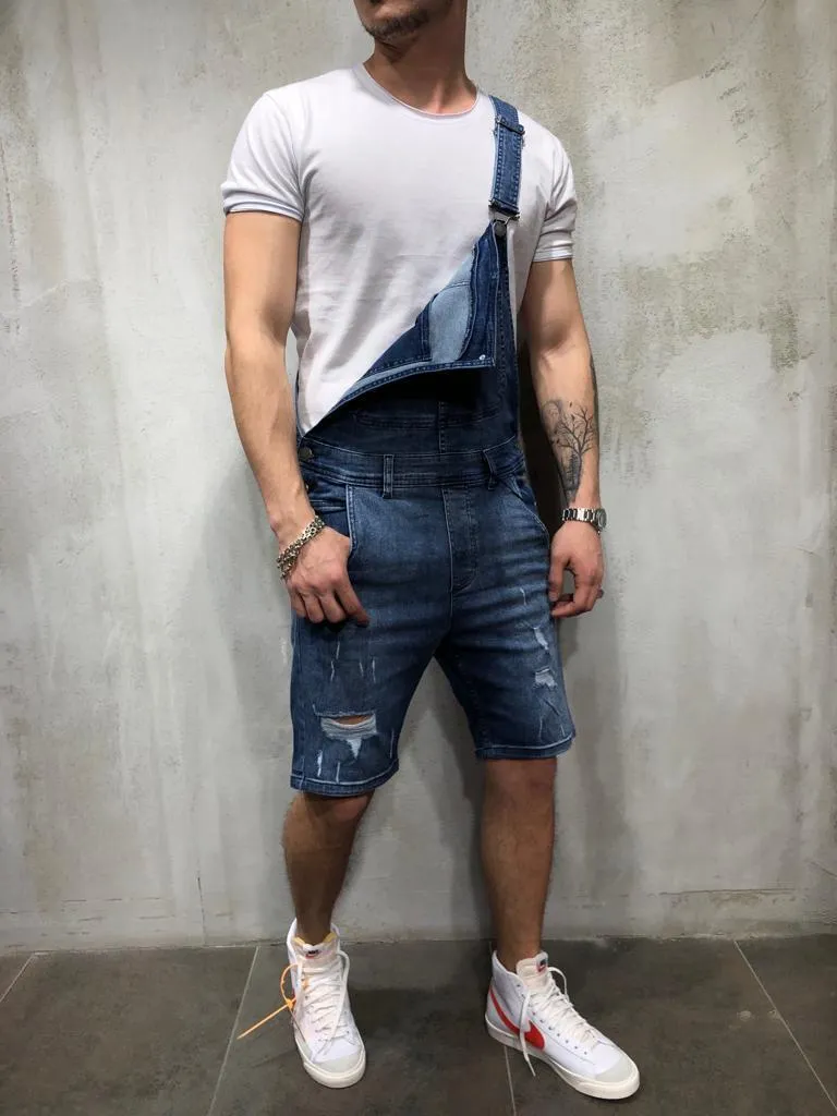 Blue Ripped Short Jeans Overall AY606 Streetwear Jeans Overall