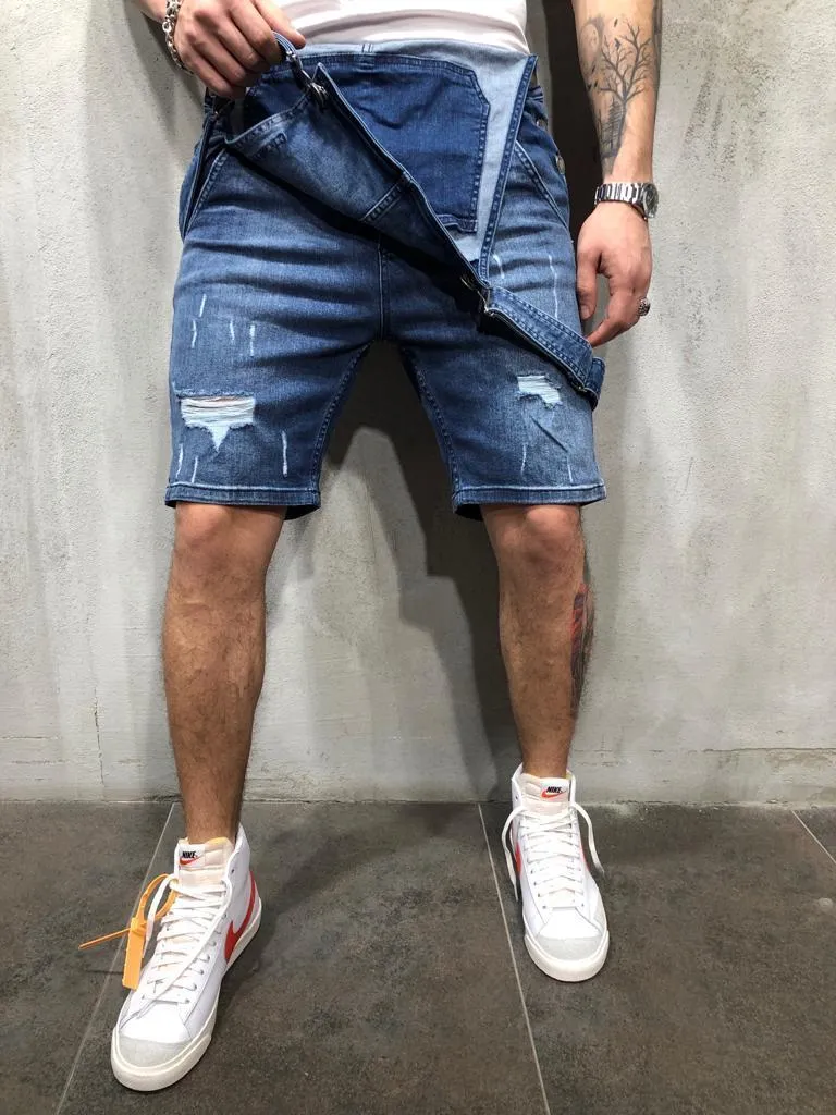 Blue Ripped Short Jeans Overall AY606 Streetwear Jeans Overall