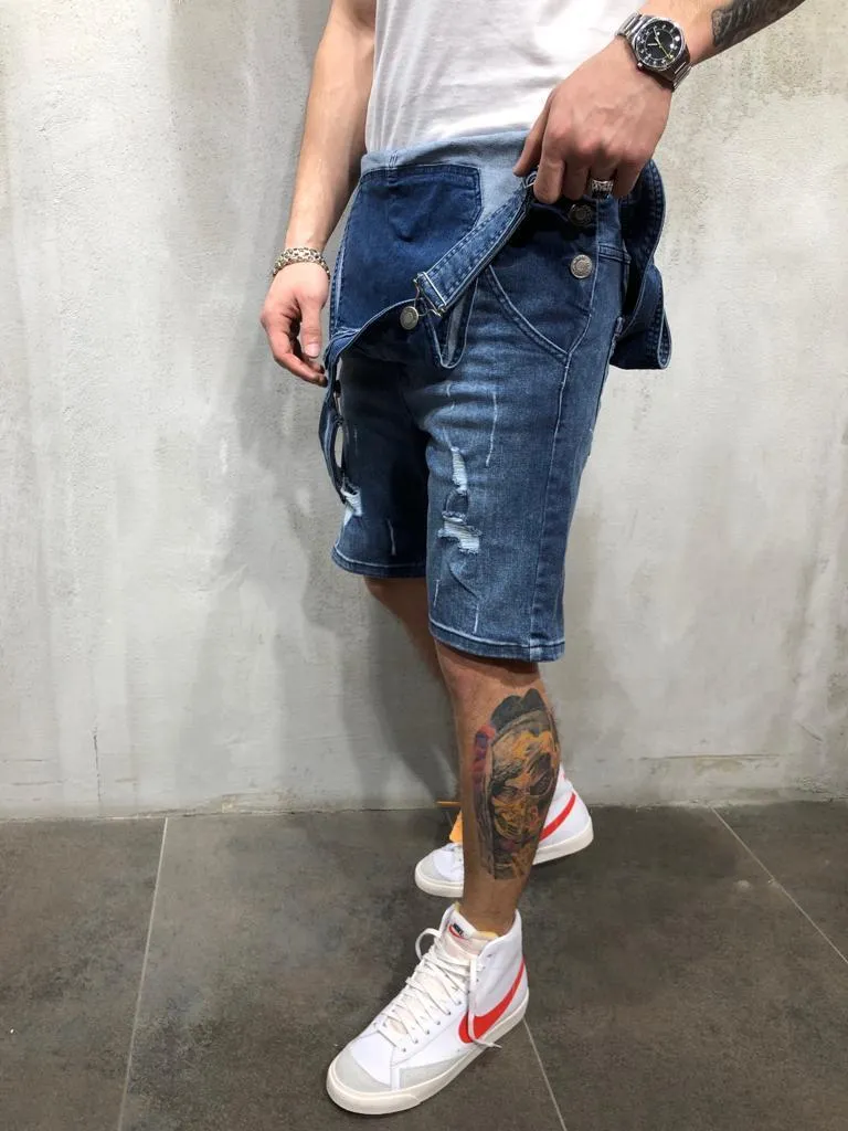 Blue Ripped Short Jeans Overall AY606 Streetwear Jeans Overall