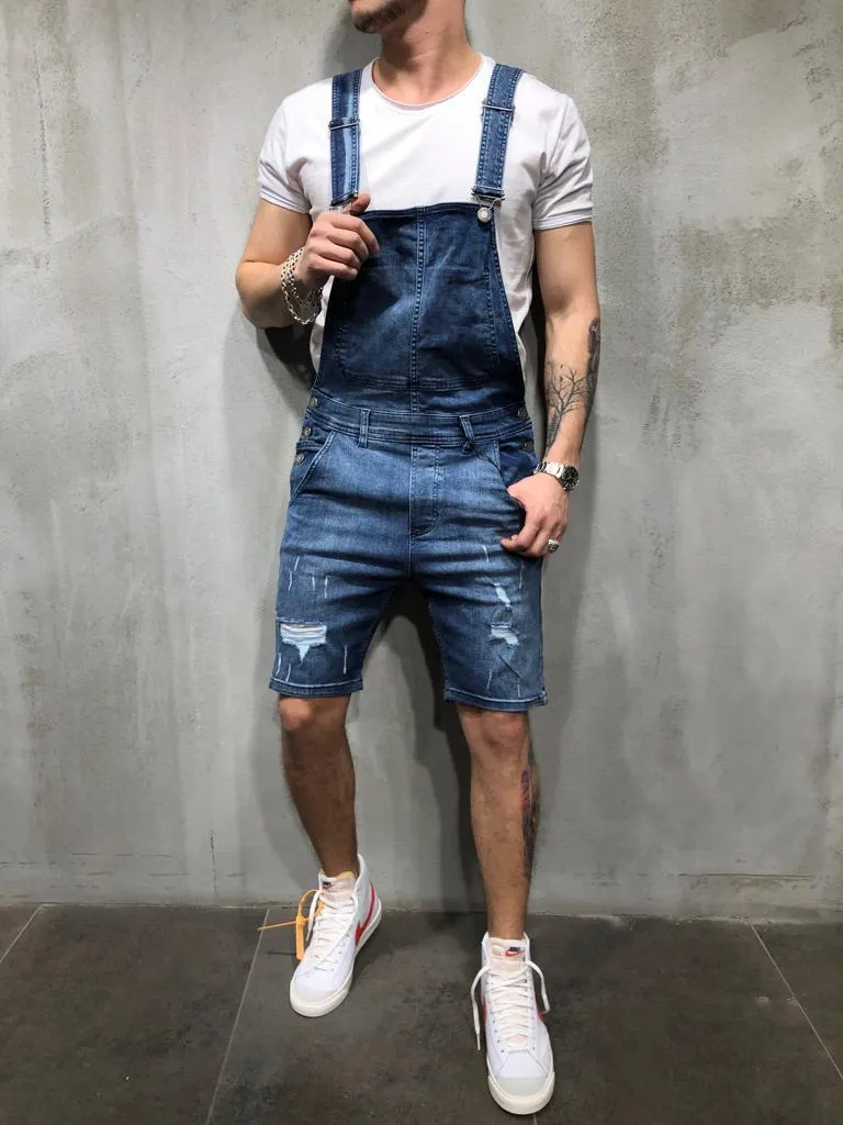 Blue Ripped Short Jeans Overall AY606 Streetwear Jeans Overall