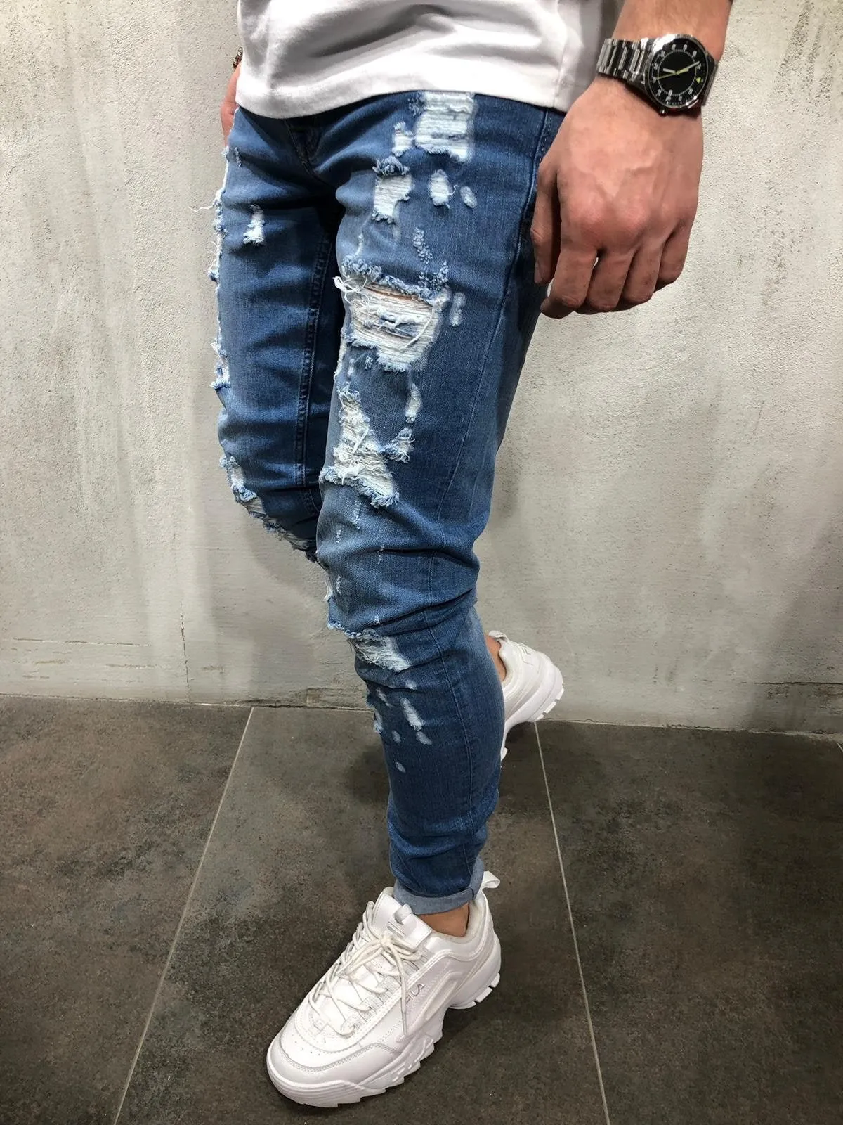 Blue Ripped Ultra Skinny Fit Jeans AY301 Streetwear Mens Jeans