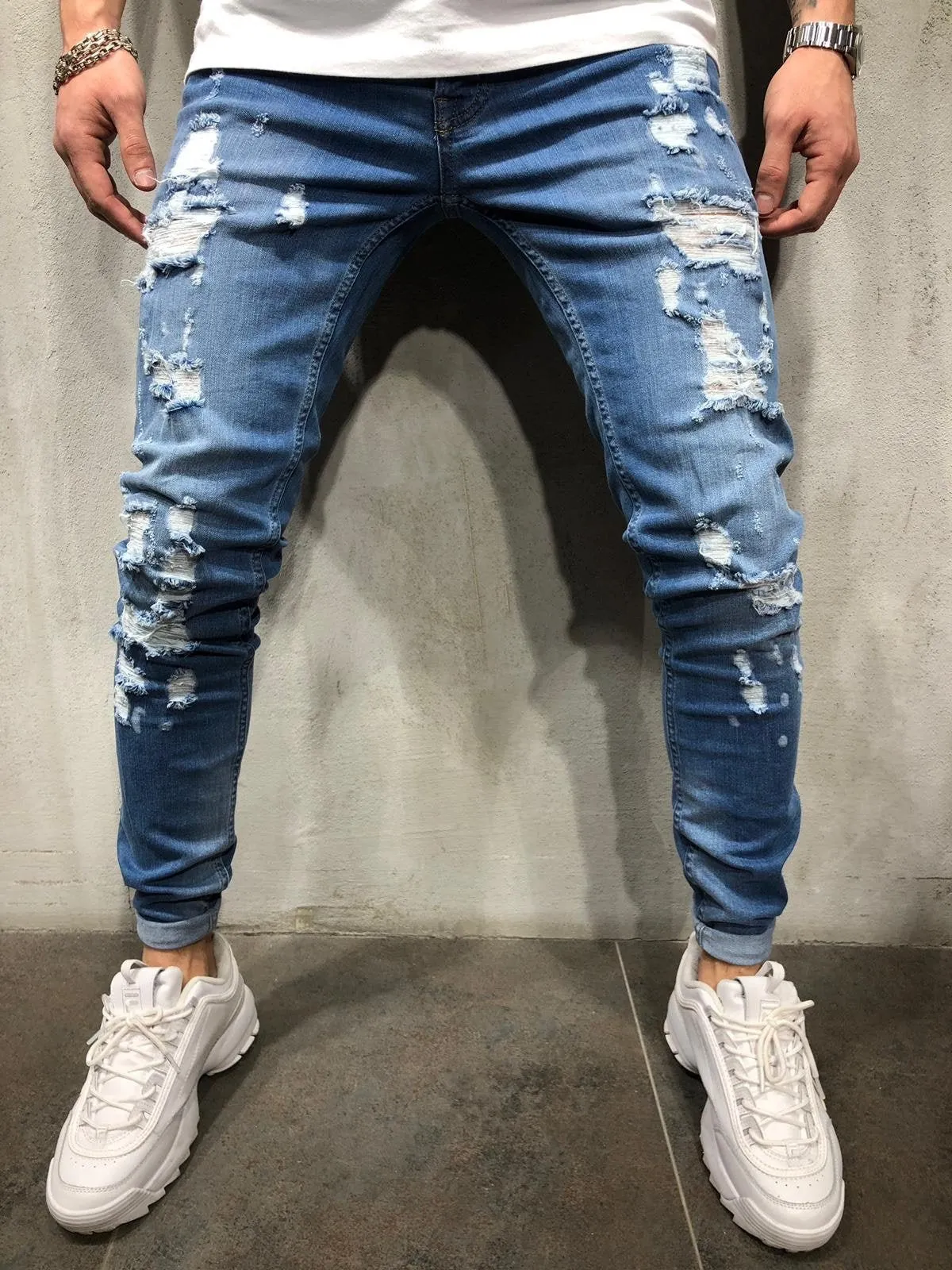 Blue Ripped Ultra Skinny Fit Jeans AY301 Streetwear Mens Jeans