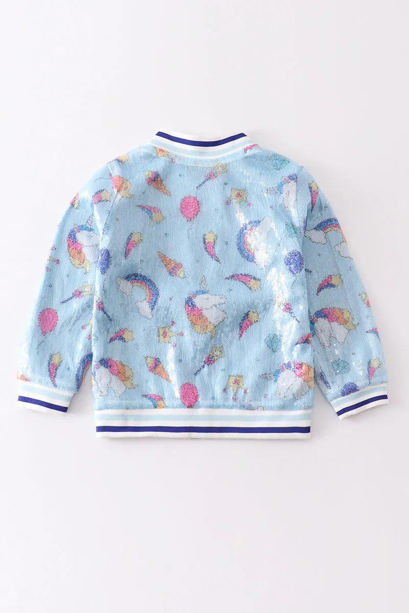 Blue unicorn sequin bomber jacket