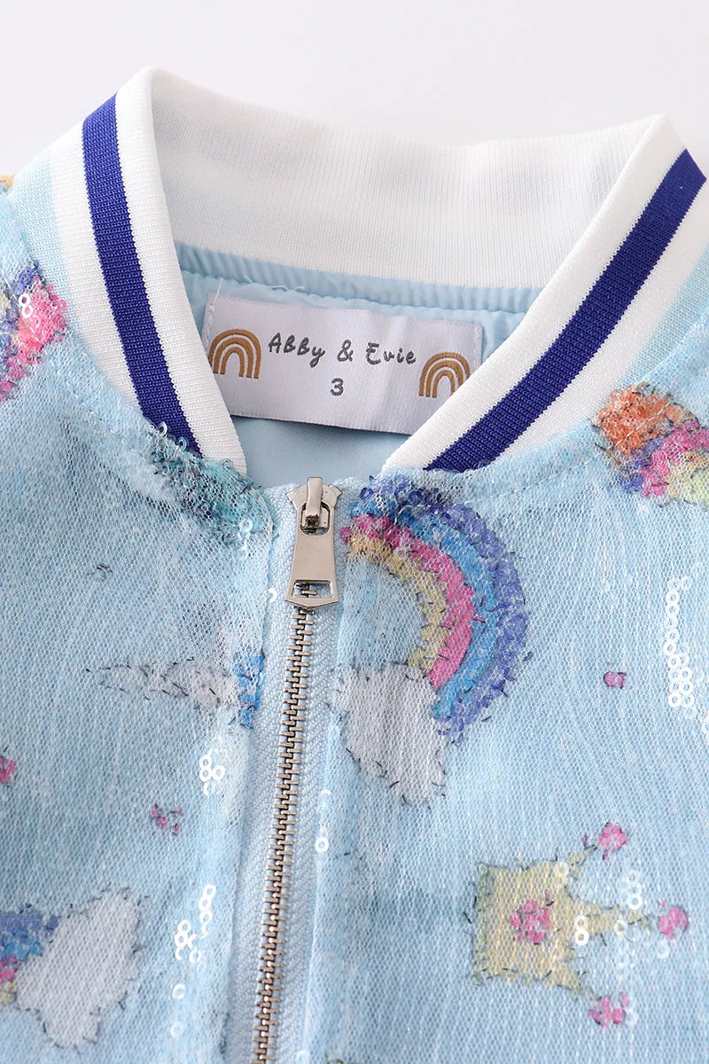 Blue unicorn sequin bomber jacket