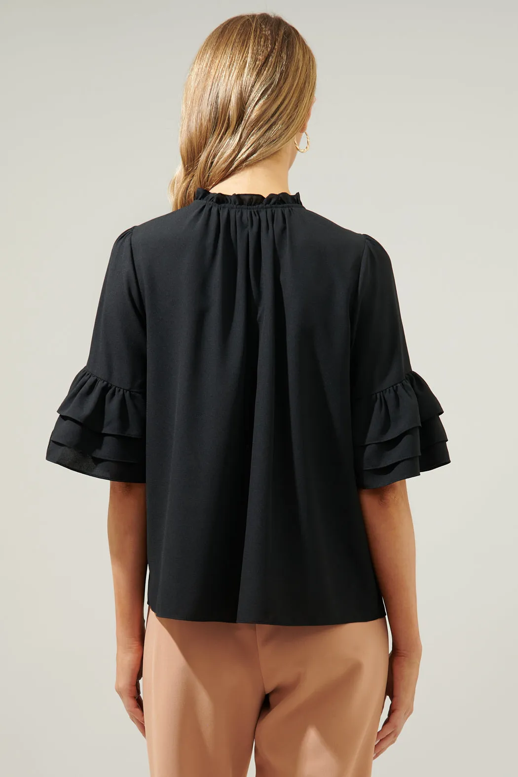 Break Room Split Neck Ruffle Blouse