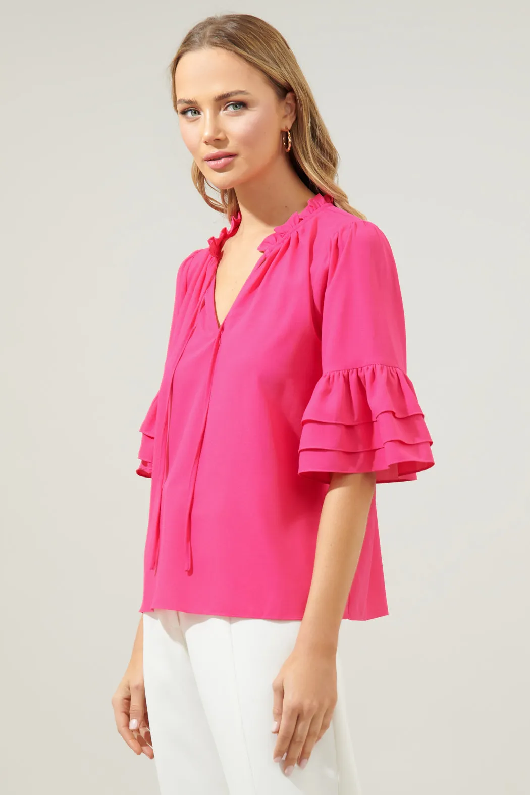 Break Room Split Neck Ruffle Blouse