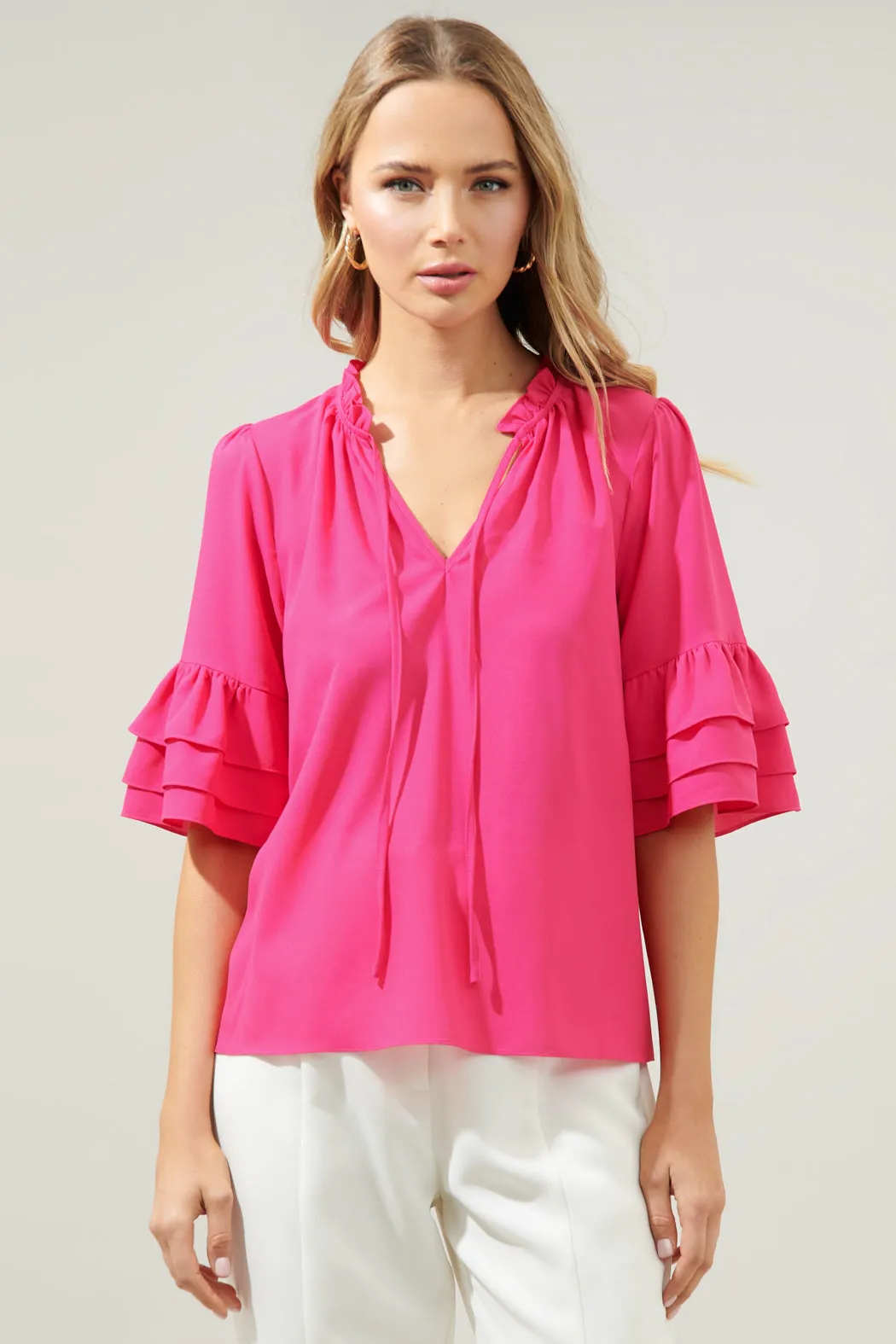 Break Room Split Neck Ruffle Blouse