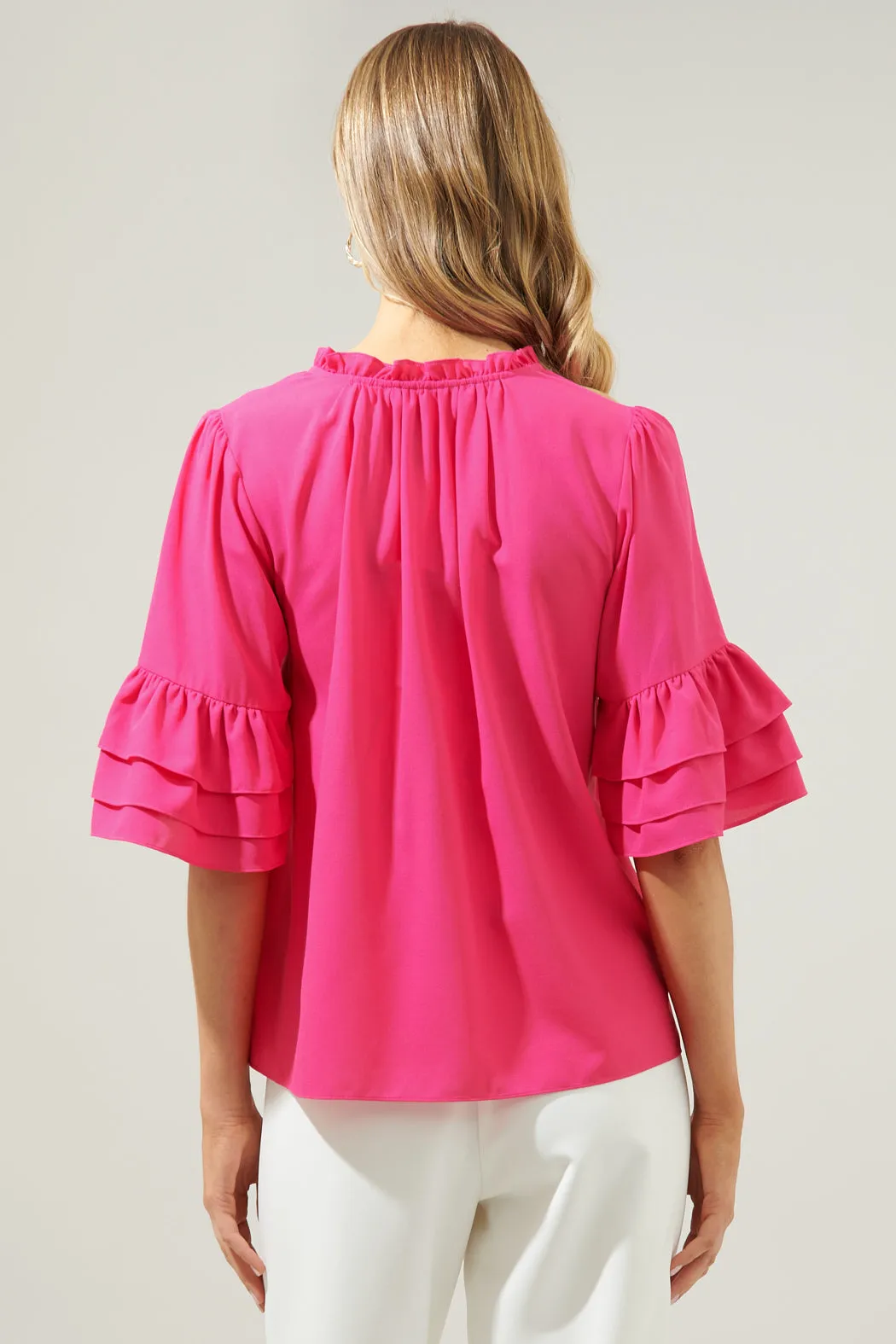 Break Room Split Neck Ruffle Blouse