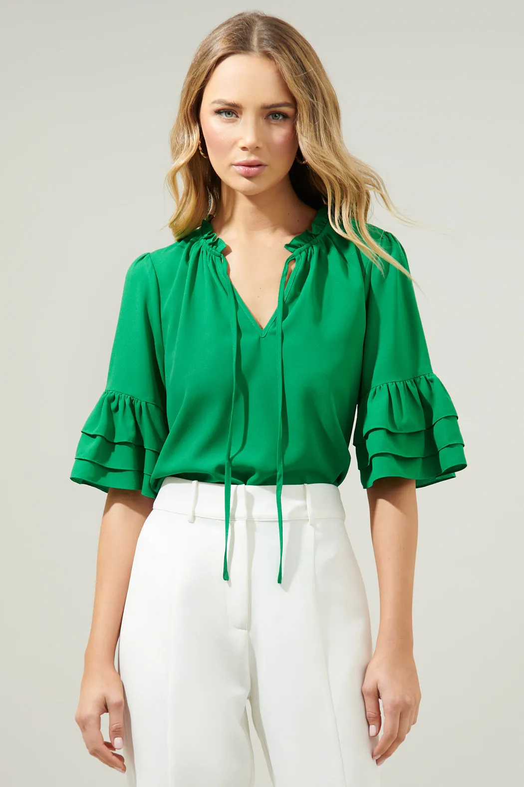 Break Room Split Neck Ruffle Blouse