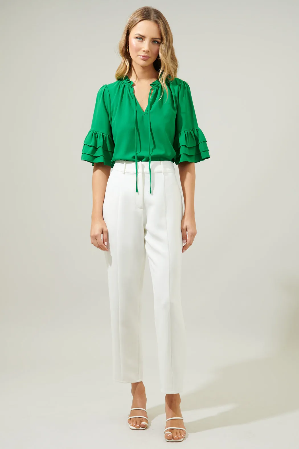 Break Room Split Neck Ruffle Blouse