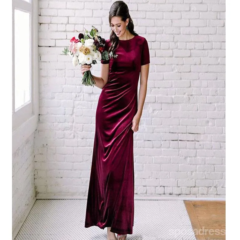 Burgundy Mermaid Short Sleeves Open Back Long Bridesmaid Dresses Online, WG1149