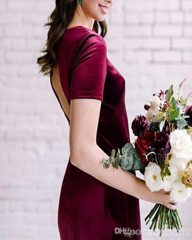 Burgundy Mermaid Short Sleeves Open Back Long Bridesmaid Dresses Online, WG1149