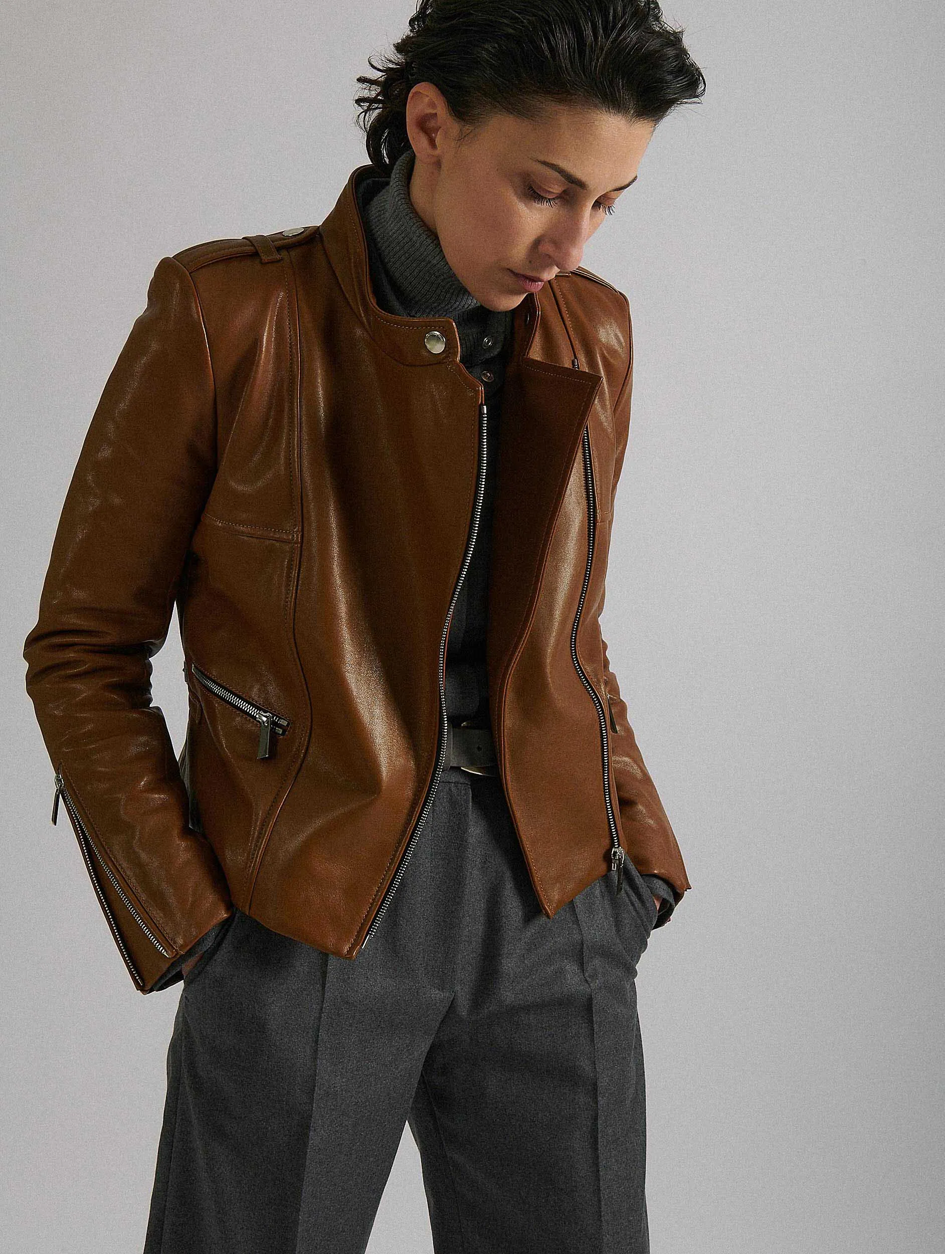 Camel leather biker jacket