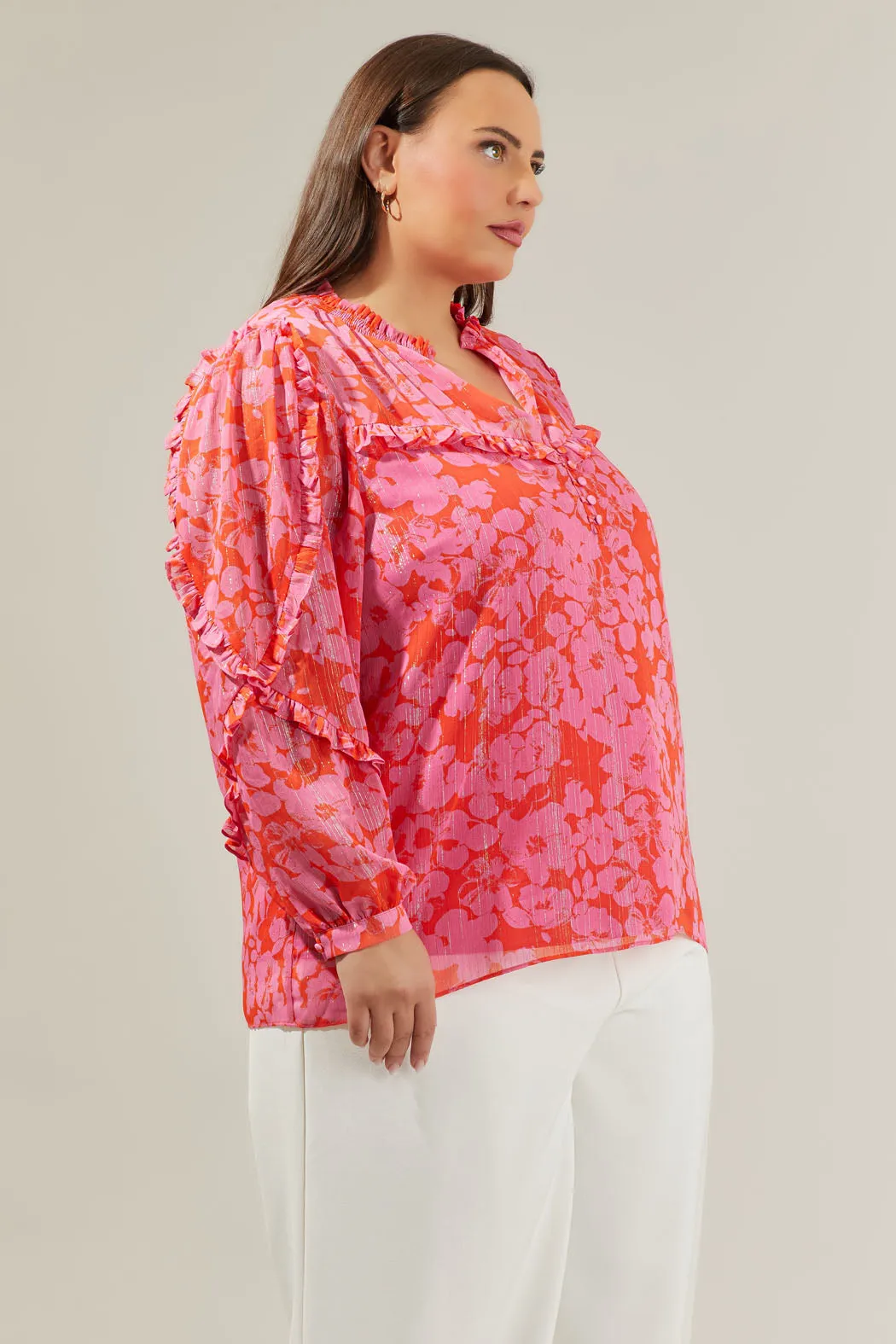 Carolina Reaper Ventura Split Neck Button Blouse Curve