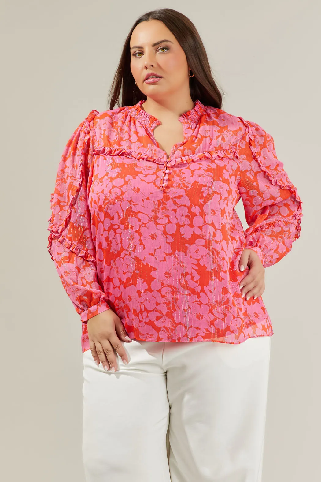 Carolina Reaper Ventura Split Neck Button Blouse Curve