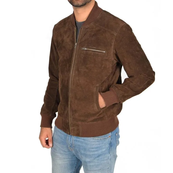 Chocolate Brown Suede Bomber Jacket Men's