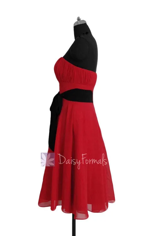 Classic A-line Short Red Formal Bridesmaid Dress Cocktail Prom Dress with Black Sash(BM856)