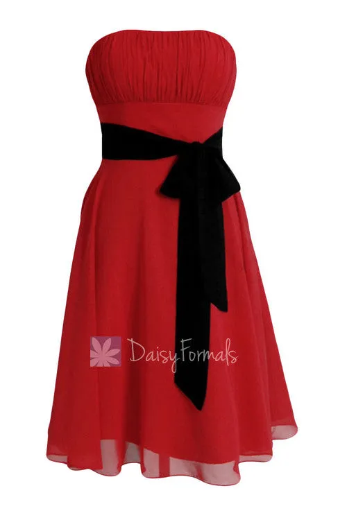 Classic A-line Short Red Formal Bridesmaid Dress Cocktail Prom Dress with Black Sash(BM856)