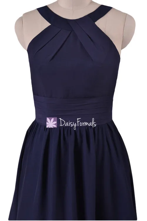 Classic Navy Chiffon Bridesmaids Dress Halter Party Dress Knee Length Formal Dress (BM253451 )