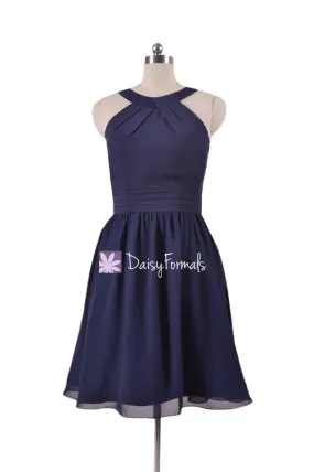 Classic Navy Chiffon Bridesmaids Dress Halter Party Dress Knee Length Formal Dress (BM253451 )