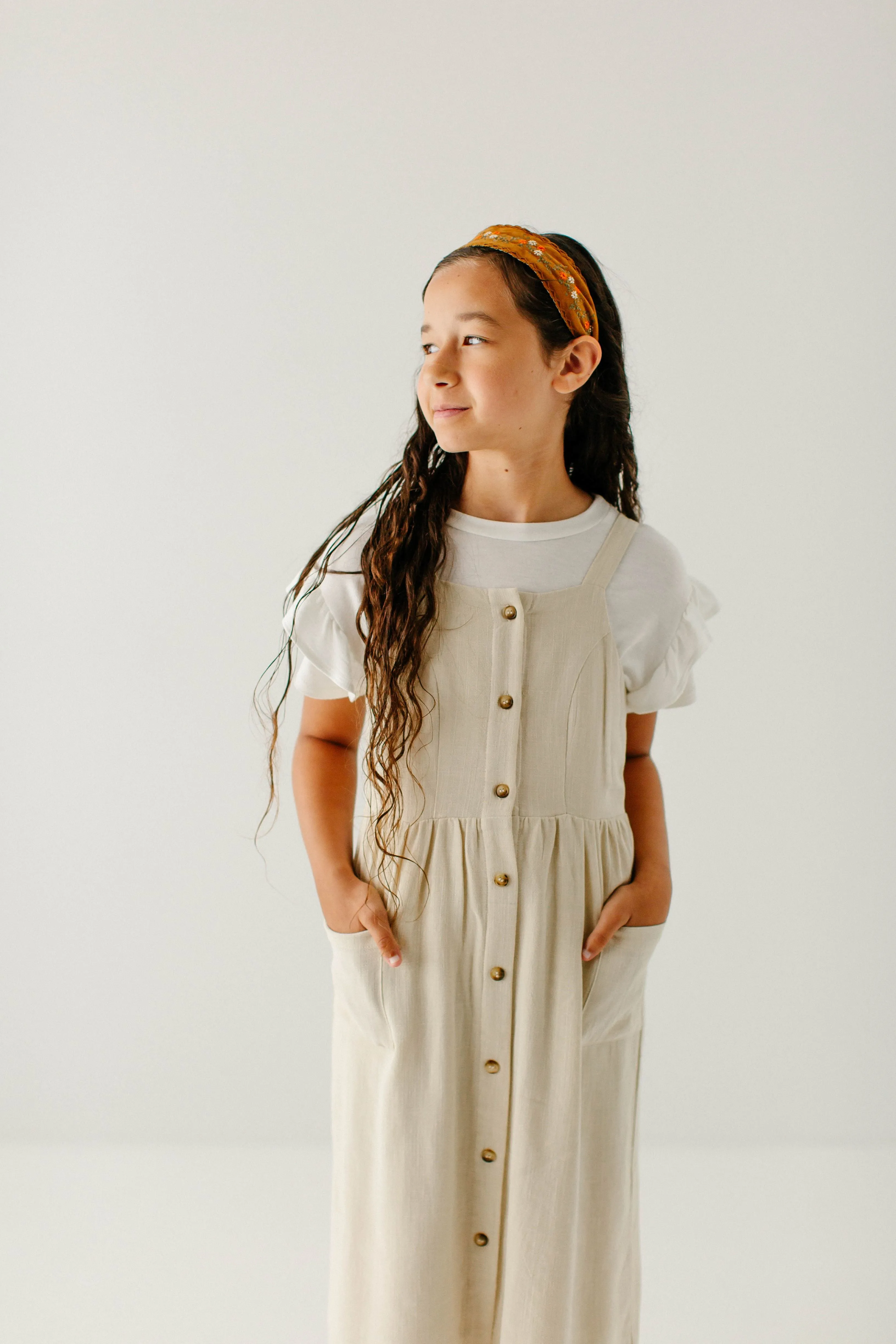 'Cora' Girl Linen Blend Pinafore Dress in Tan FINAL SALE