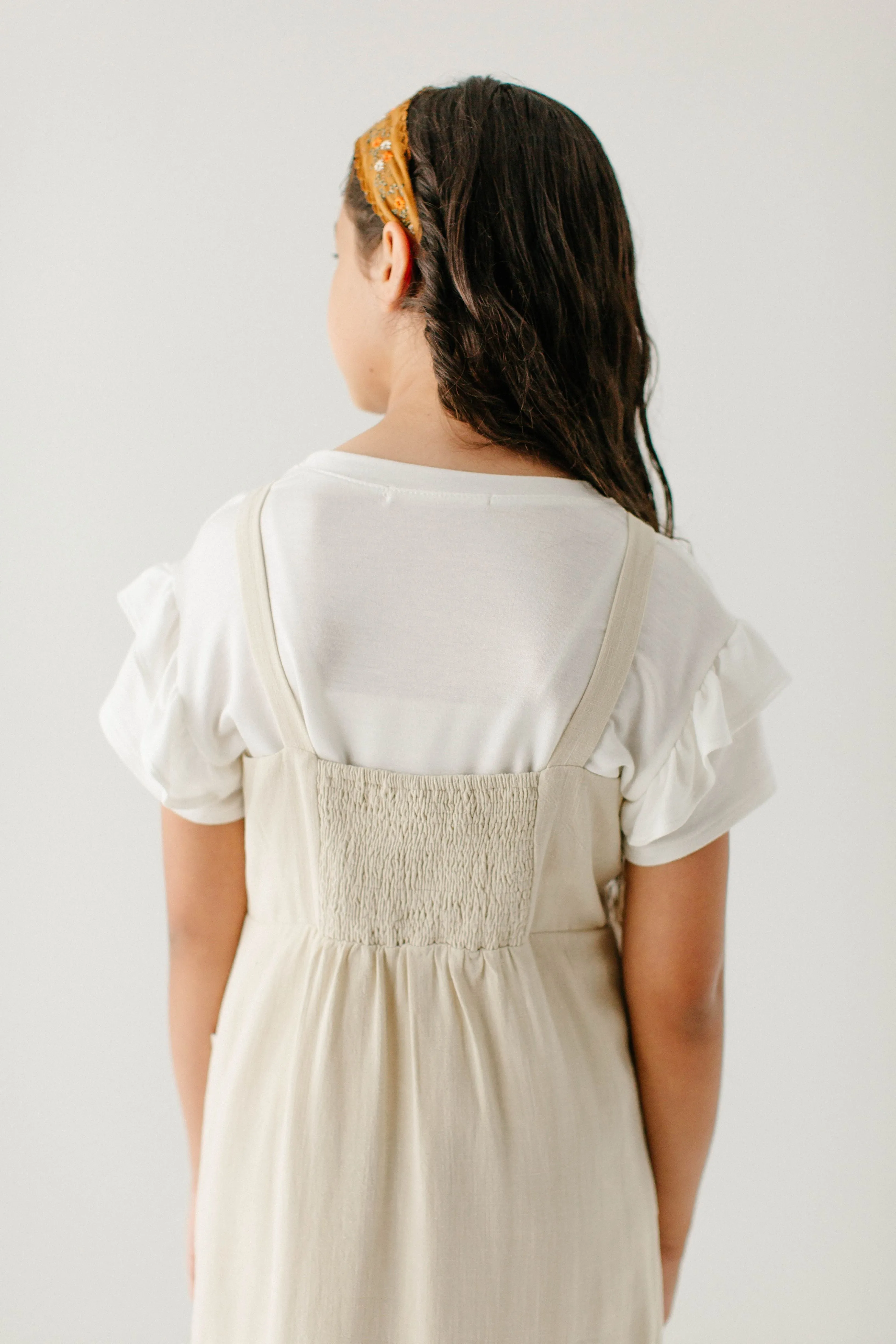 'Cora' Girl Linen Blend Pinafore Dress in Tan FINAL SALE