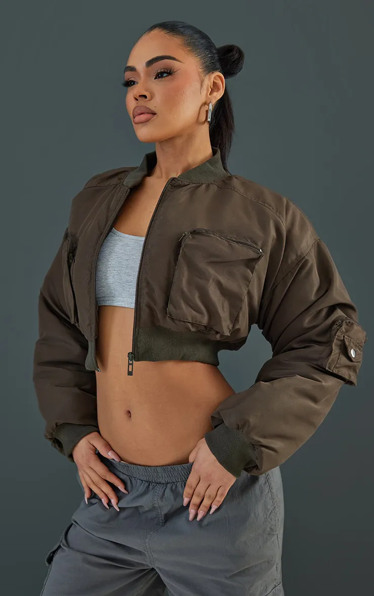 CROPPED RUCHED SLEEVE UTILITY POCKET BOMBER JACKET