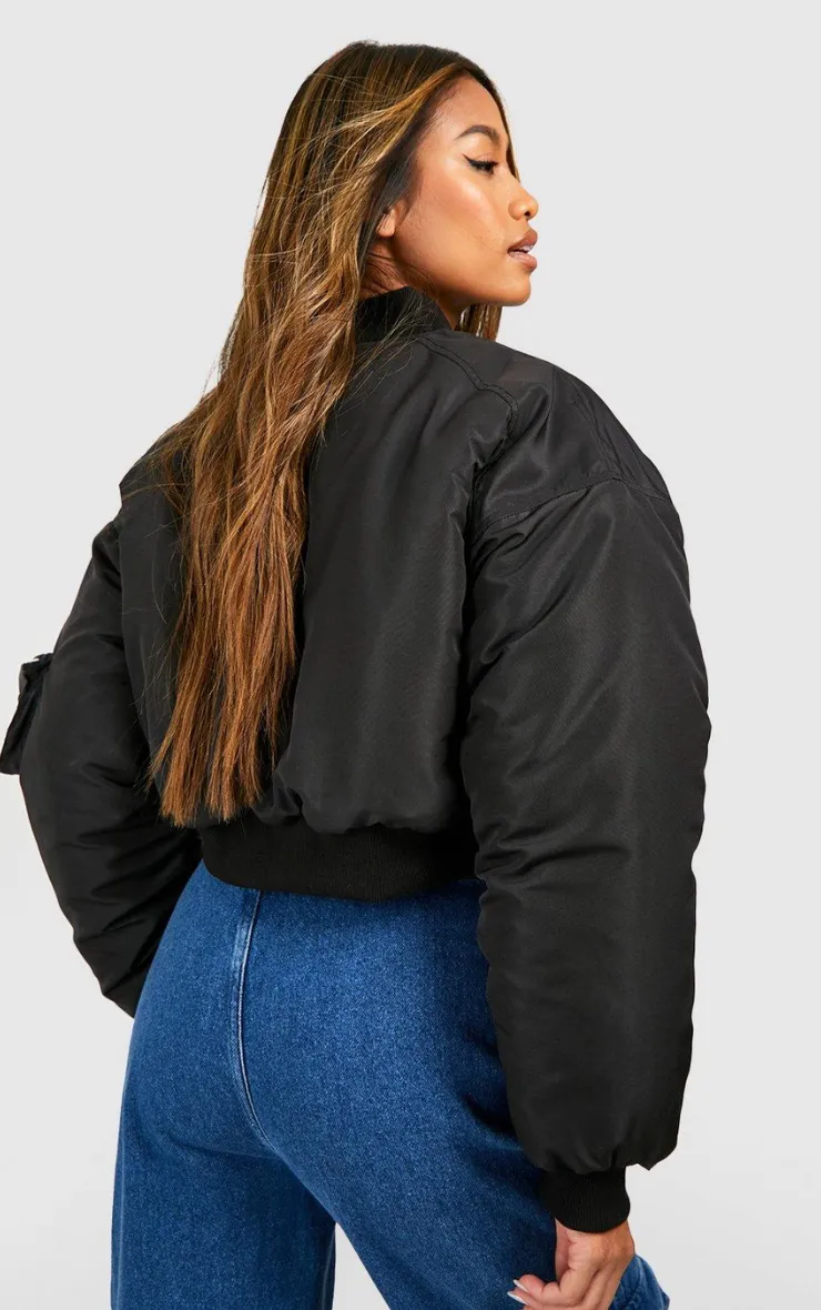 CROPPED RUCHED SLEEVE UTILITY POCKET BOMBER JACKET