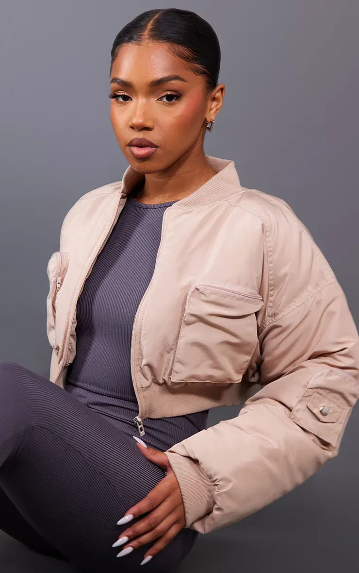 CROPPED RUCHED SLEEVE UTILITY POCKET BOMBER JACKET