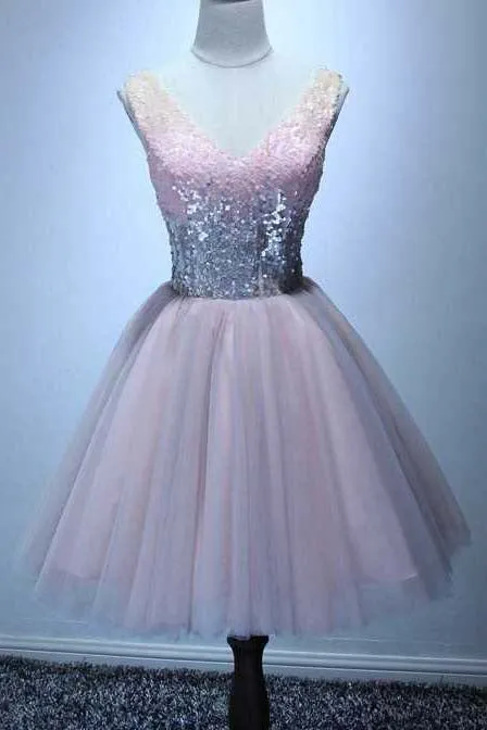 Cute A-line V-neck Pink Sweet 16 Dress, Sequins Short Homecoming Dress OM448