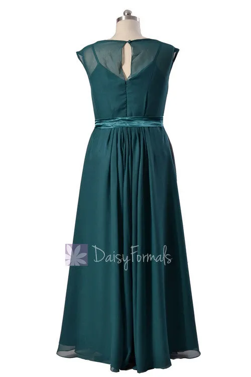 Delicate Long Bridal Party Dress Dark Teal Chiffon Bridesmaid Dress W/Cap Sleeves(BM7897)