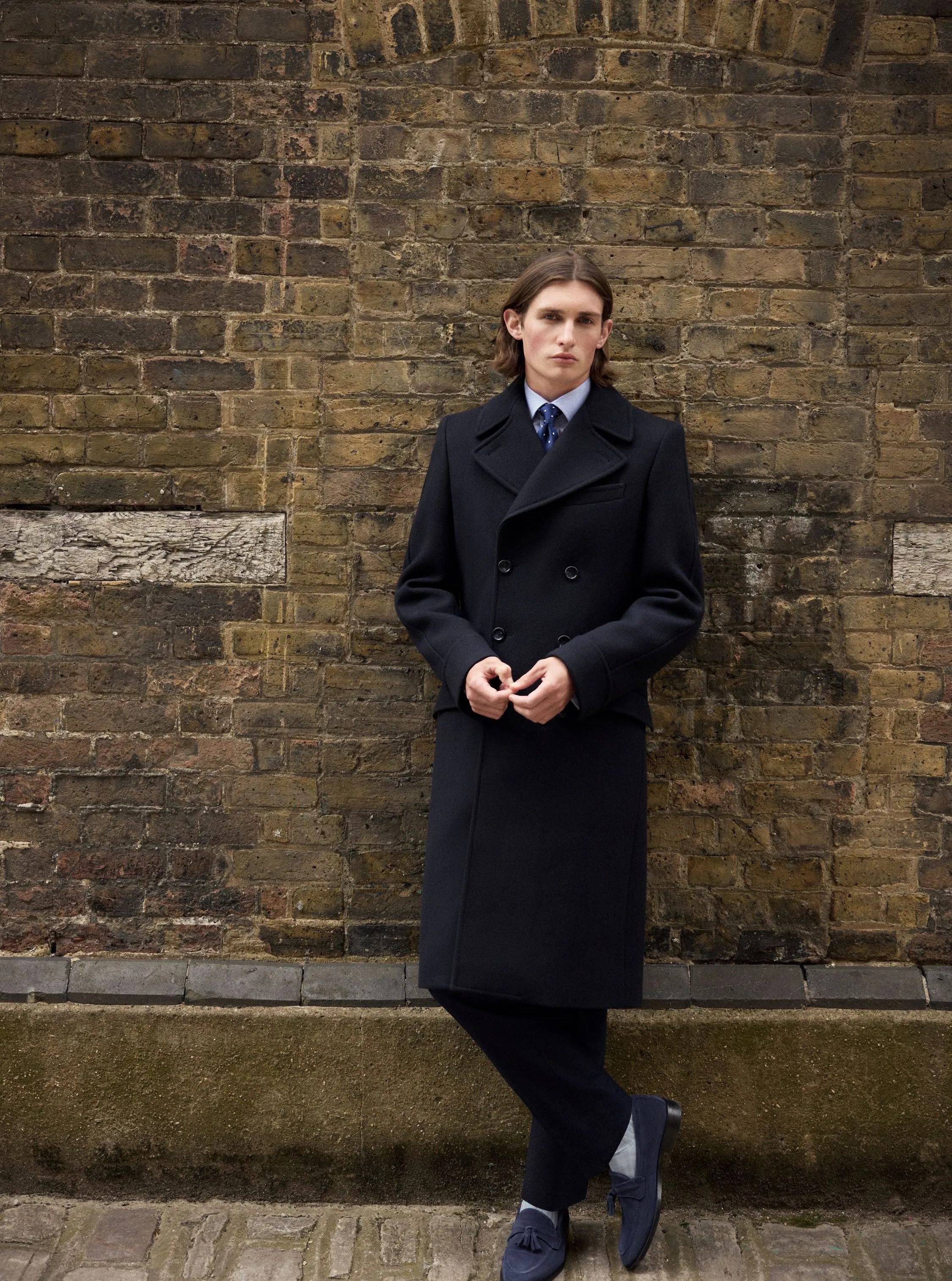 Double Breasted Greatcoat - Navy Herringbone