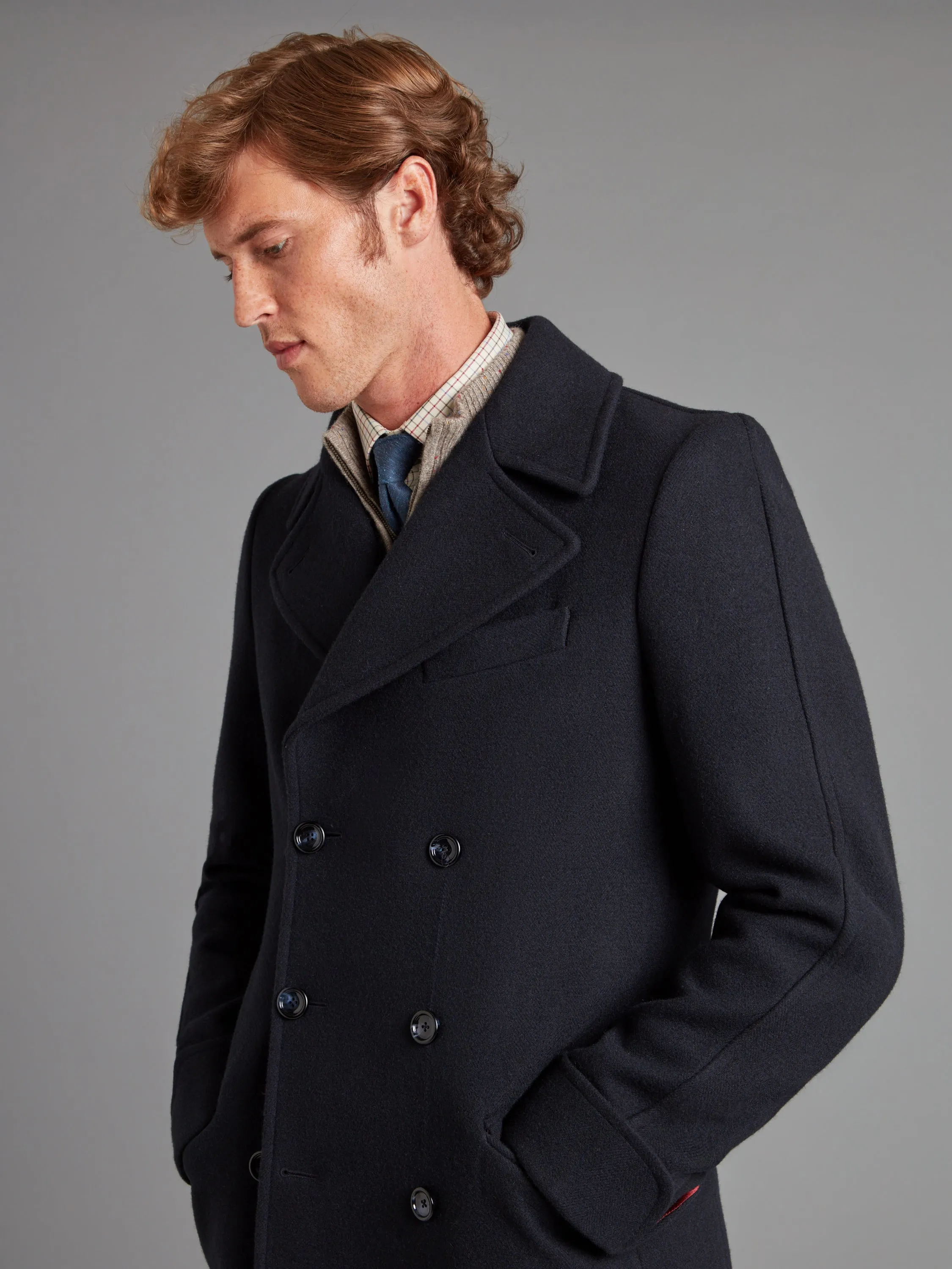 Double Breasted Greatcoat - Navy Herringbone