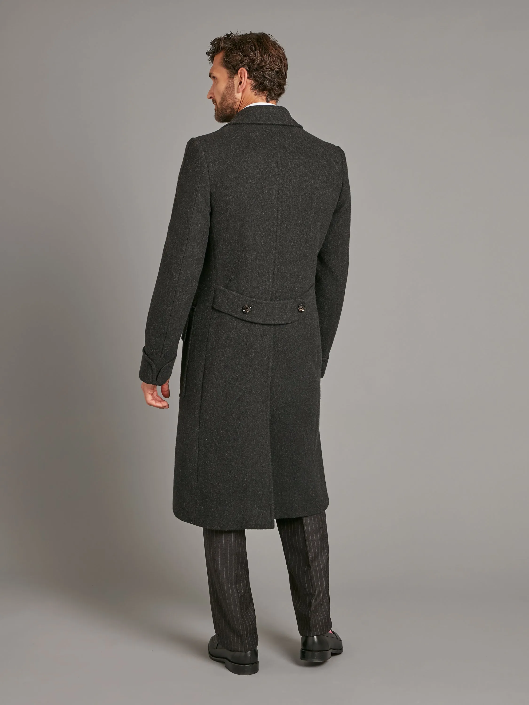 Double Breasted Herringbone Greatcoat - Charcoal