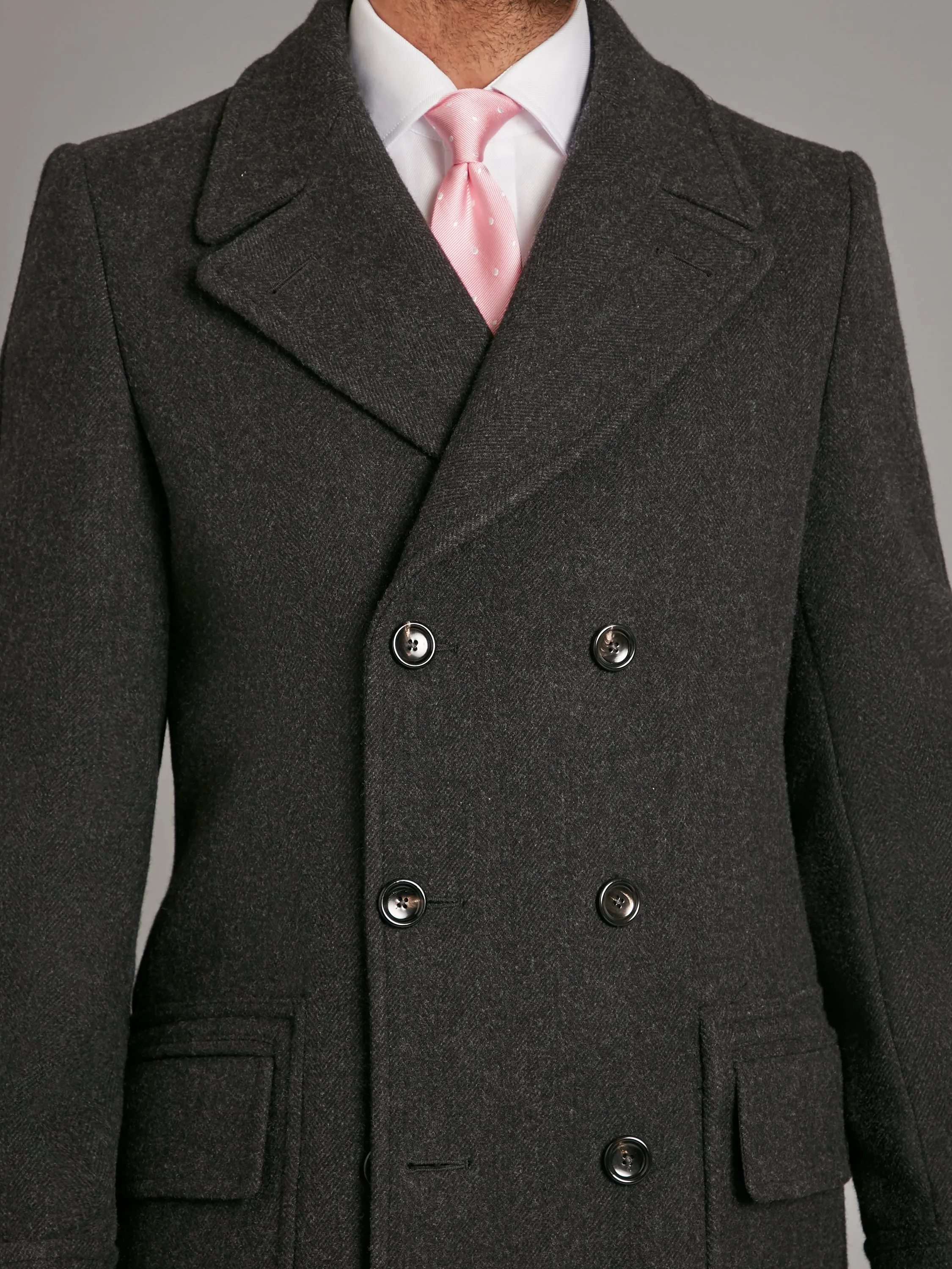 Double Breasted Herringbone Greatcoat - Charcoal