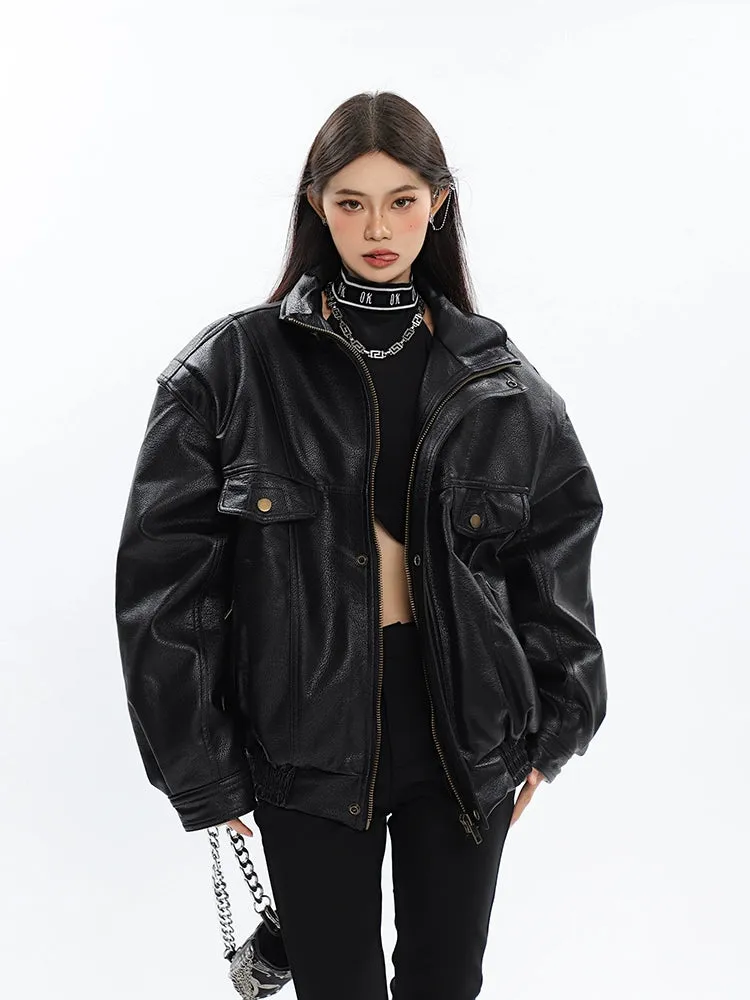 Drop Shoulder Faux Leather Bomber Jacket