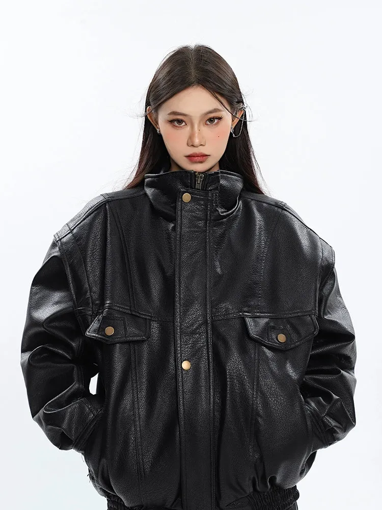 Drop Shoulder Faux Leather Bomber Jacket